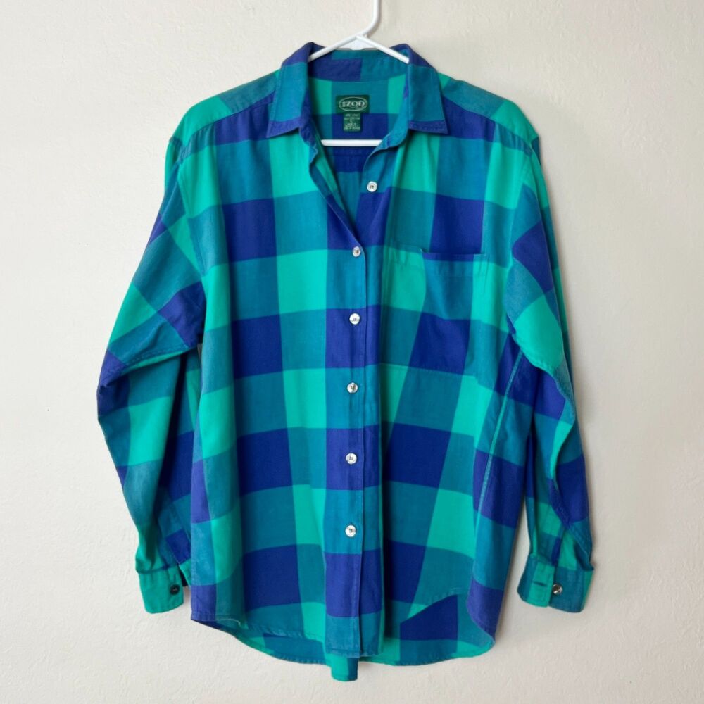 Vintage 80s IZOD 100% Cotton Teal & Blue Buffalo Plaid Women's Button-Up Size L